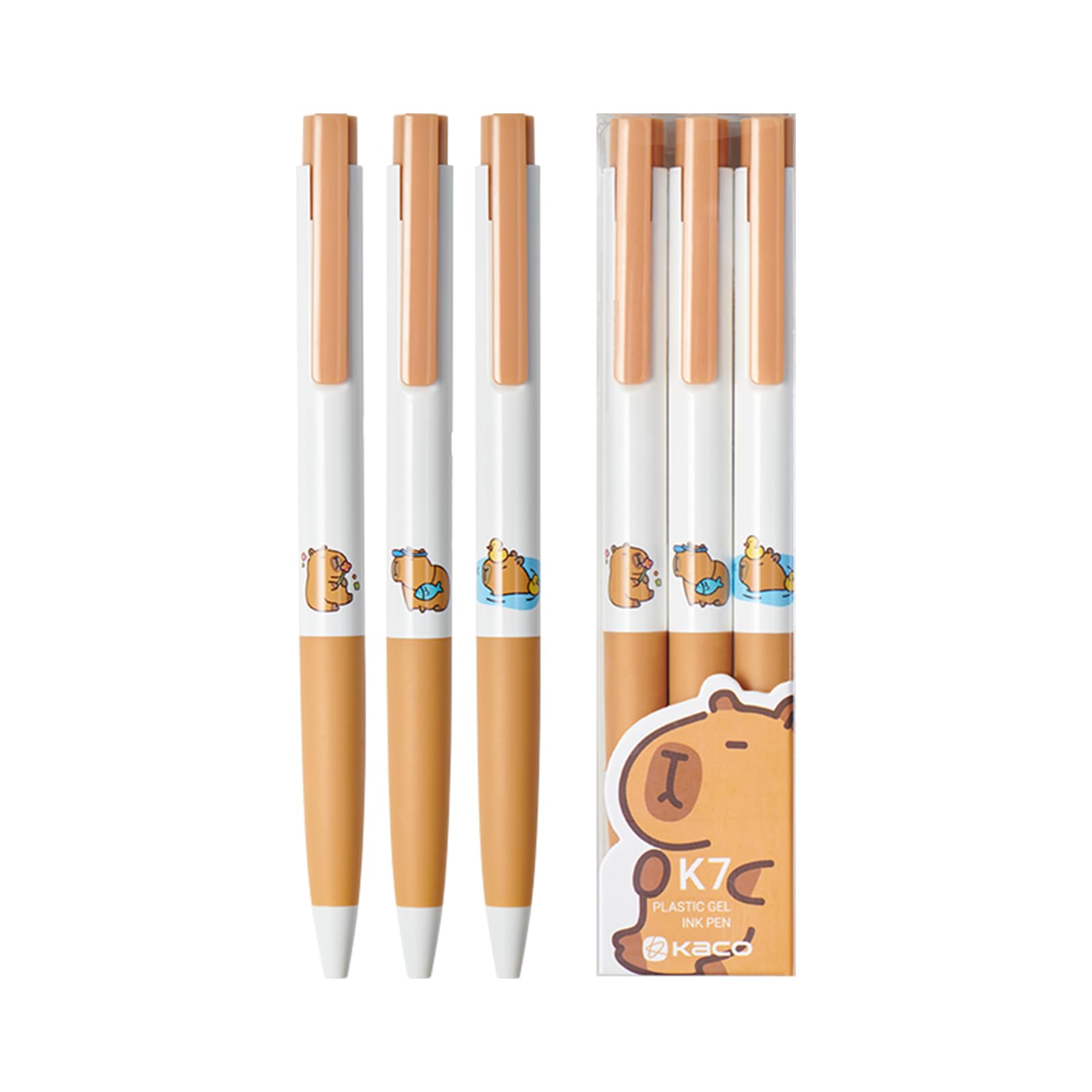 Kaco K7 Gel Ink Pens 3 Pieces Cute Capybara Black Pens Set 0.5mm Fine Point, All Black Ink, Office School Supplies