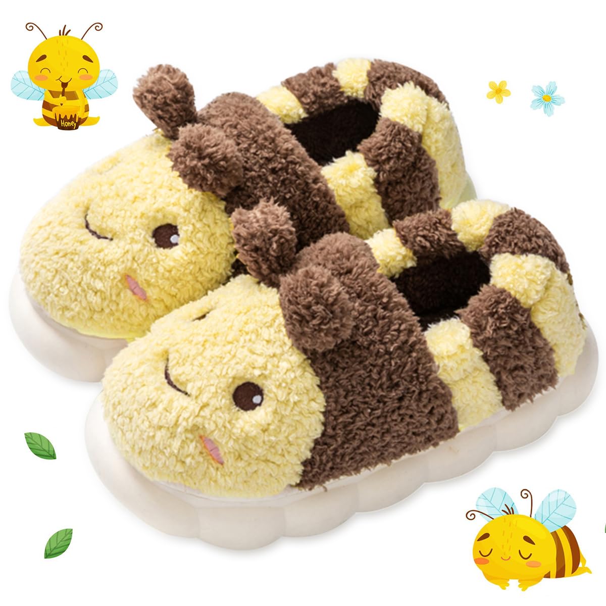 Caramella Bubble Women's Cute Animal Bee Slippers Warm Memory Foam Cotton Cozy Soft Fleece Plush Home Winter Slippers for Indoor Outdoor, Yellow, 9-10