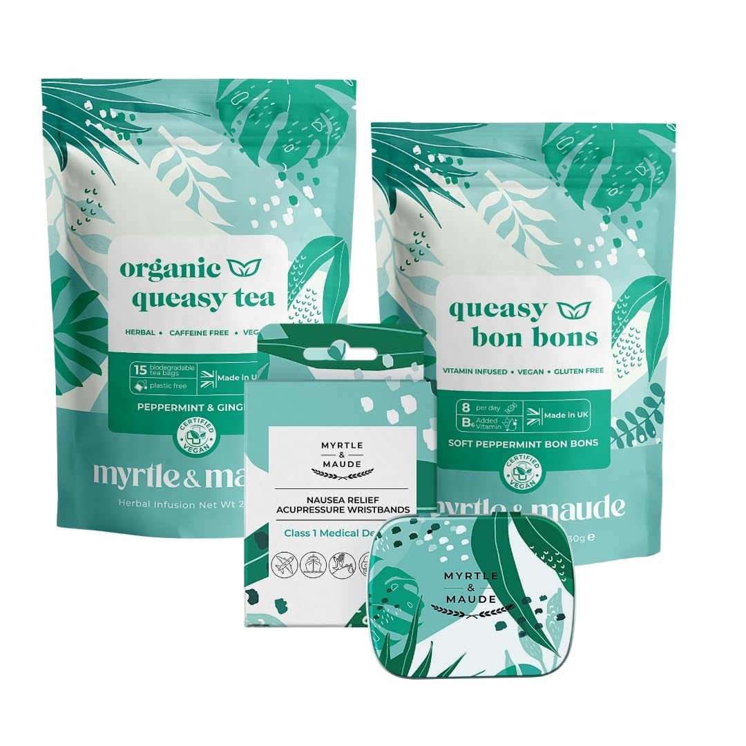 Myrtle & Maude - Nausea and Morning Sickness Relief Trio - Contains Queasy Days Herbal Tea with Peppermint & Ginger, Vitamin B6 Peppermint Bon Bons, and Nausea Relief Acupressure Wristbands - Vegan