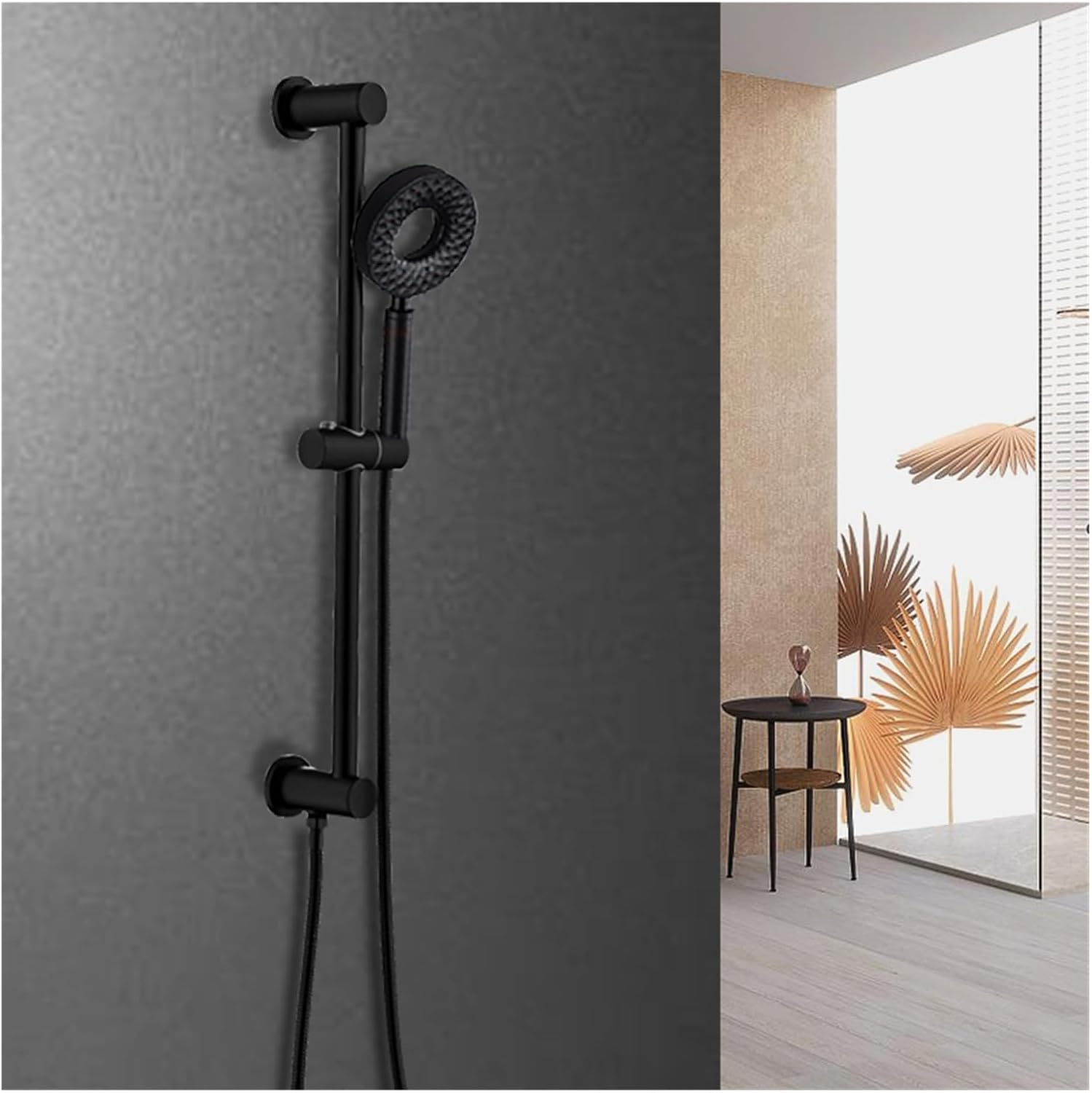 Bathroom Shower Bar Column with Water Outlet Sliding Movable Adjustable Wall Mounted with Bracket Holder Hand Set Matt Black(SB0019BK)
