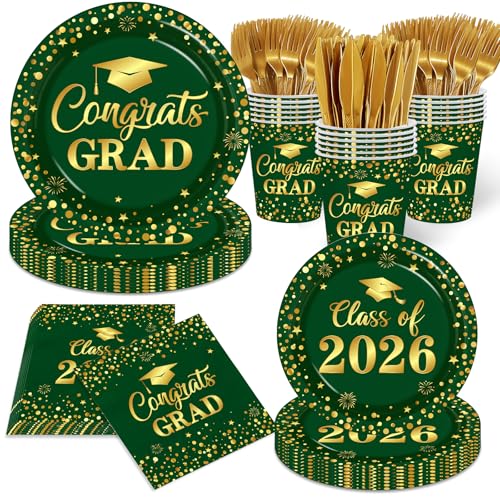 Graduation Plates and Napkins Green and Gold Graduation Decorations 2026 Tableware Class Of 2026 Grad Paper Plates and Napkins for Congrats Grad Party Decorations