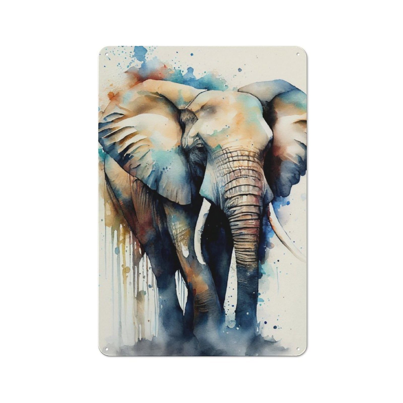 Junmoney Elephant Watercolor Animal Rustic Metal Wall Sign 30X20cm For Home Office Or Studio, For Garage, Workshop And Man Cave Decoration