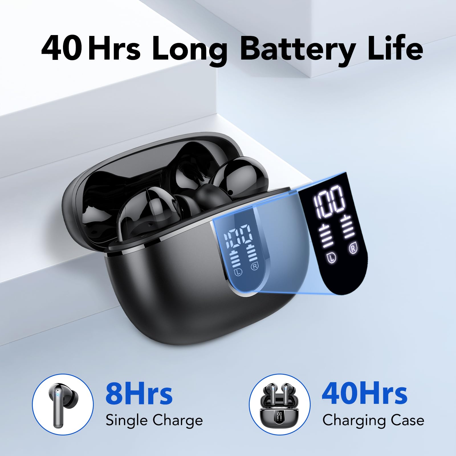 KT1 Cuffie wireless Bluetooth 5.4 in-ear con LED, bassi potenti | HD Mic, 40 ore di riproduzione, IPX7 impermeabili, auricolari sportivi, USB-C, Android iOS, per lavoro e studio