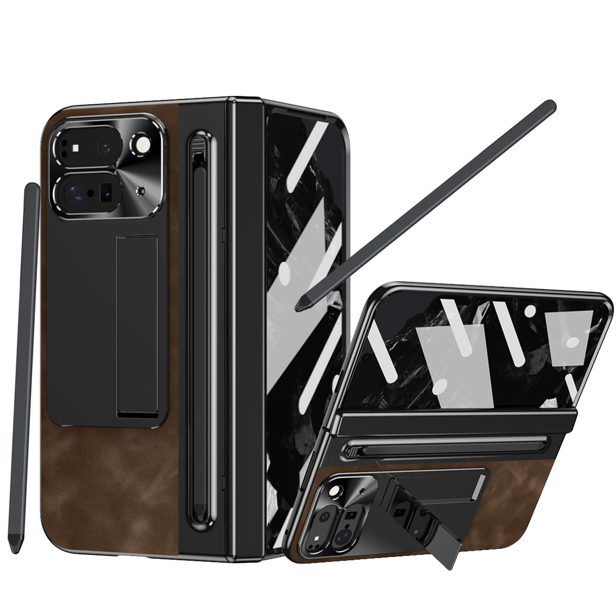 for Google Pixel 9 Pro Fold Case with S Pen Holder & Stylus, PU Leather Case with Hinge Protection, Screen Protector, Kickstand, Protective Cover for Google Pixel 9 Pro Fold Coffee