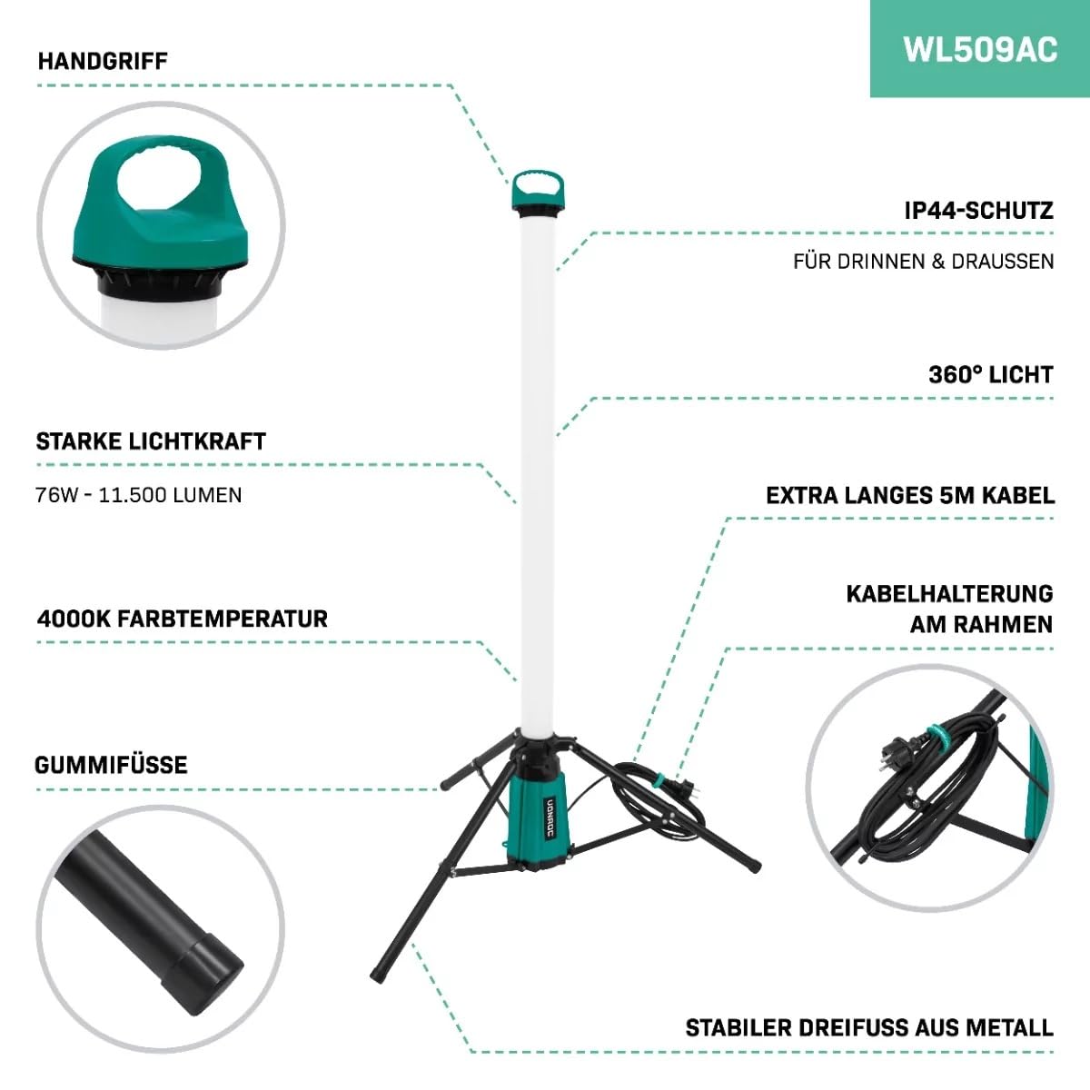 Vonroc Baustrahler LED mit Stativ 76W - Arbeitsstrahler 11-500 Lumen - 360° | Arbeitsleuchte für den Innenbereich & Außenbereich dank IP44 Schutz, 151cm, 5cm Kabel, klappbar, 4000K Farbtemperatur