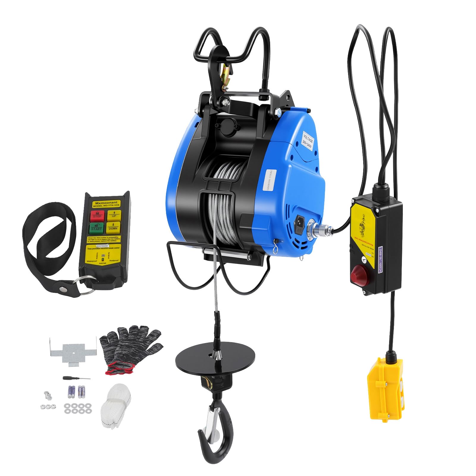 Elektrische Seilwinde 250KG/550lb Drahtlose Fernbedienung(100m) 29m-Hubhöhe1500W Elektrischer Seilhebezeug mit Überlastschutz 30m-Drahtseil Begrenzer Verriegelung-Haken 1.5m-Kabellänge