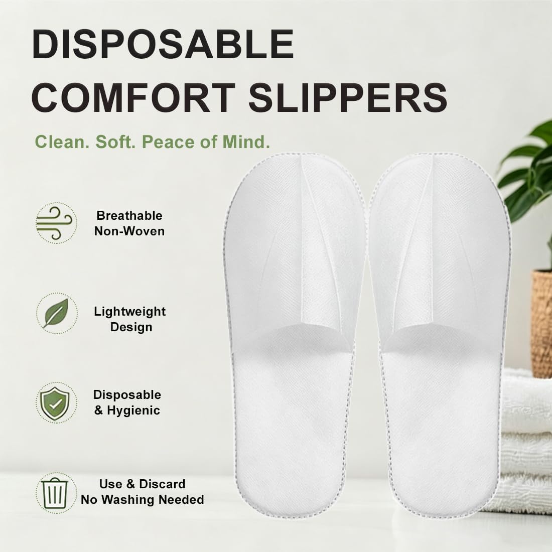 Disposable Slippers for Guests, White, 4 Pairs, Travel Use