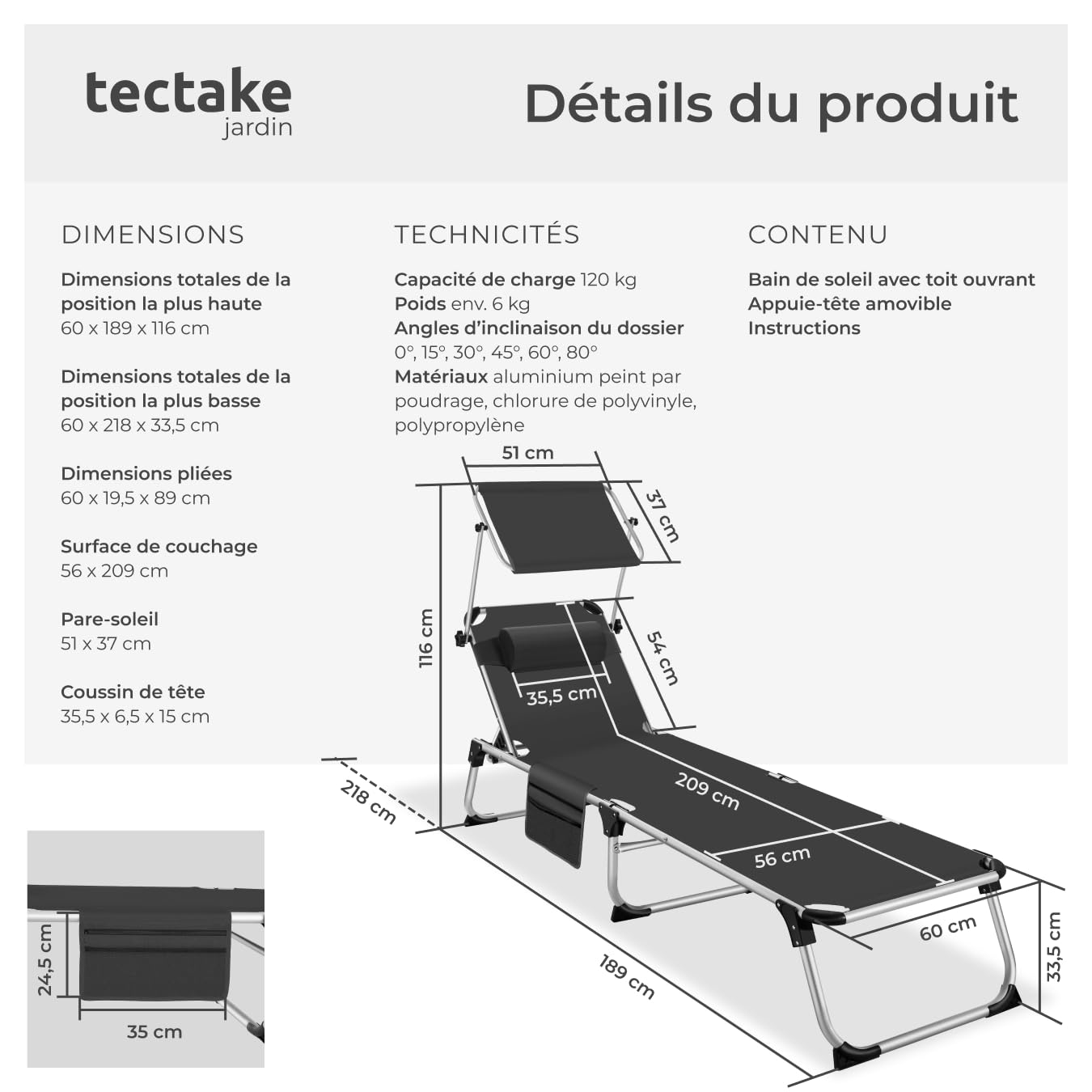 tectake® Chaise Longue Pliante Bain de Soleil Jardin Exterieur avec Pare Soleil, Cadre en Aluminium, Chaise Longue inclinable Transat de Plage Relax Jardin Camping Salon de Jardin Exterieur