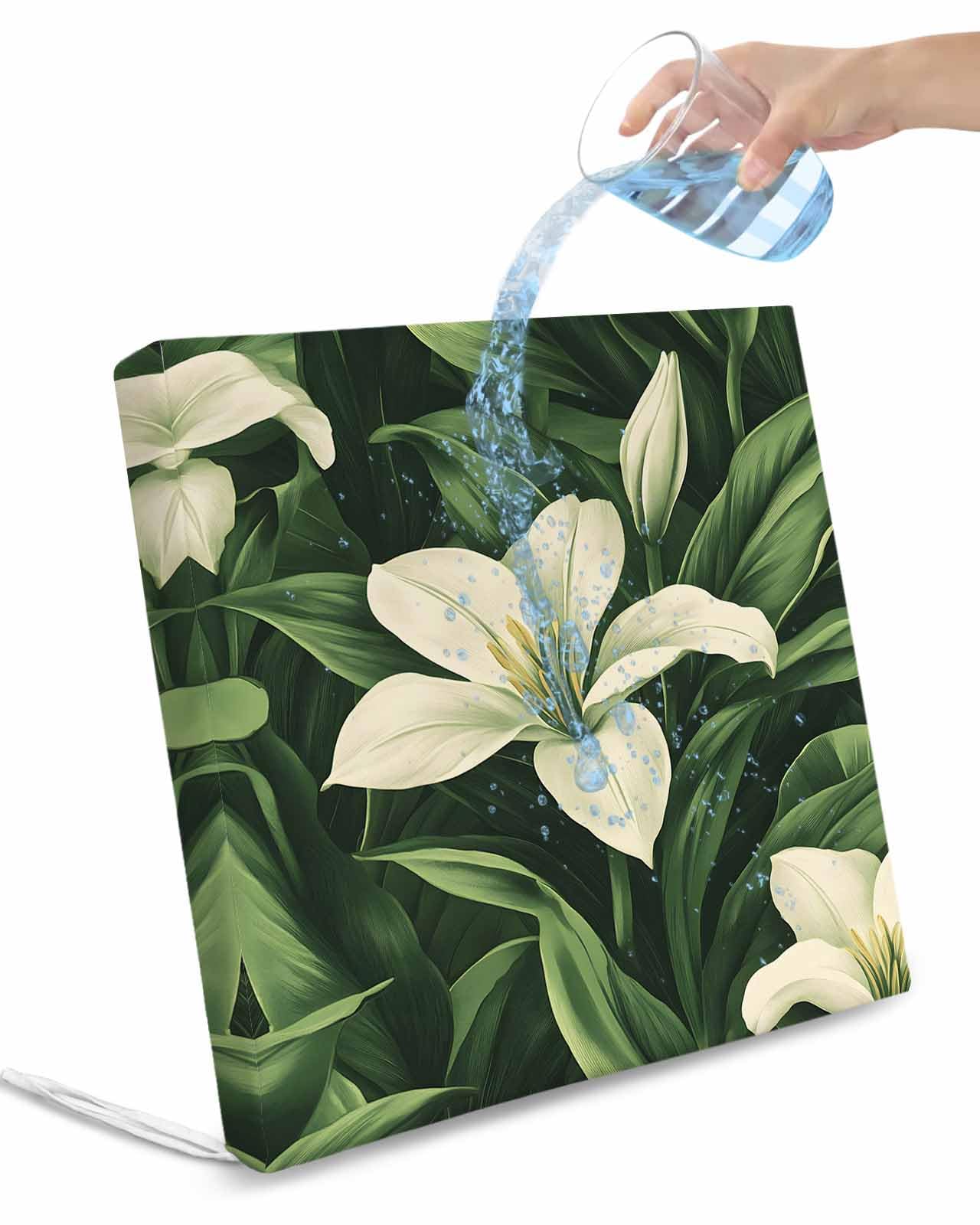 2 Pack Lily Flower Waterproof Cushion Covers with Ties, Outdoor Patio Chaise Lounge Chair Seat Cushion Slip Covers Replacement(Only Cover) Vintage Summer Nature Blossom Florals Green 22