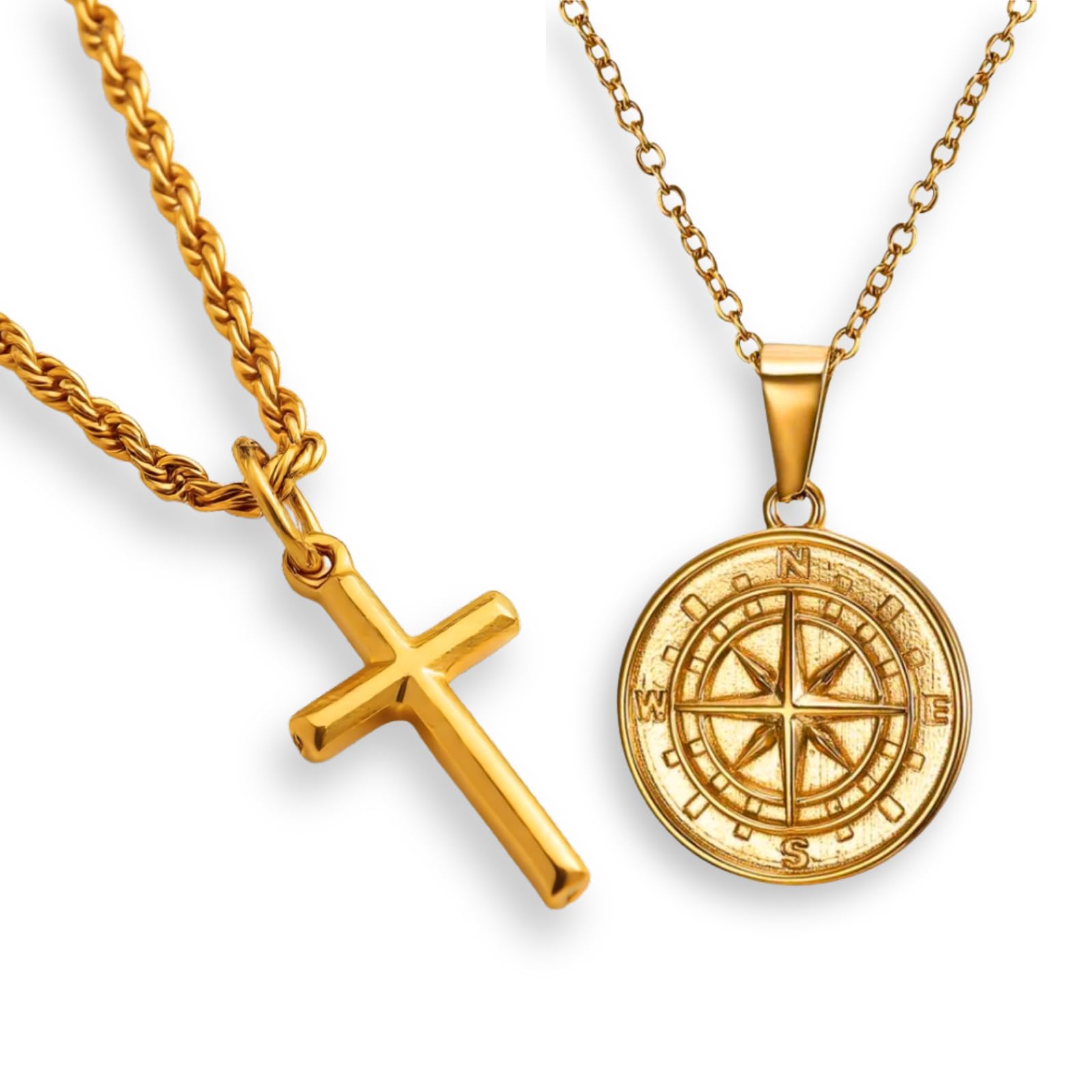 DVRK® Set 2 Collane Uomo Oro 18k con Base in Acciaio Inossidabile 316L - Catena Bussola e Collana Umo Oro Croce Resistente all'Acqua - Rosario, Catenina, Gioelli, Regalo