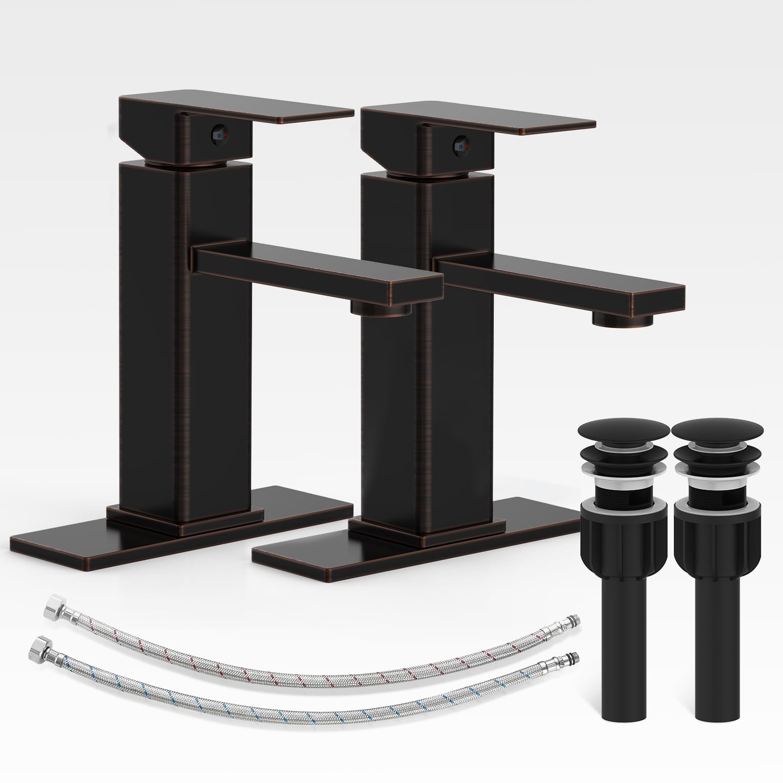 Bathroom Sink Faucet-2 Sets, Oil Rubbed Bronze Bathroom Faucet with Pop-up Drain and 6 Inch Deck Plate, Single Handle for Modern Farmhouse RV Sink (2 Holes)