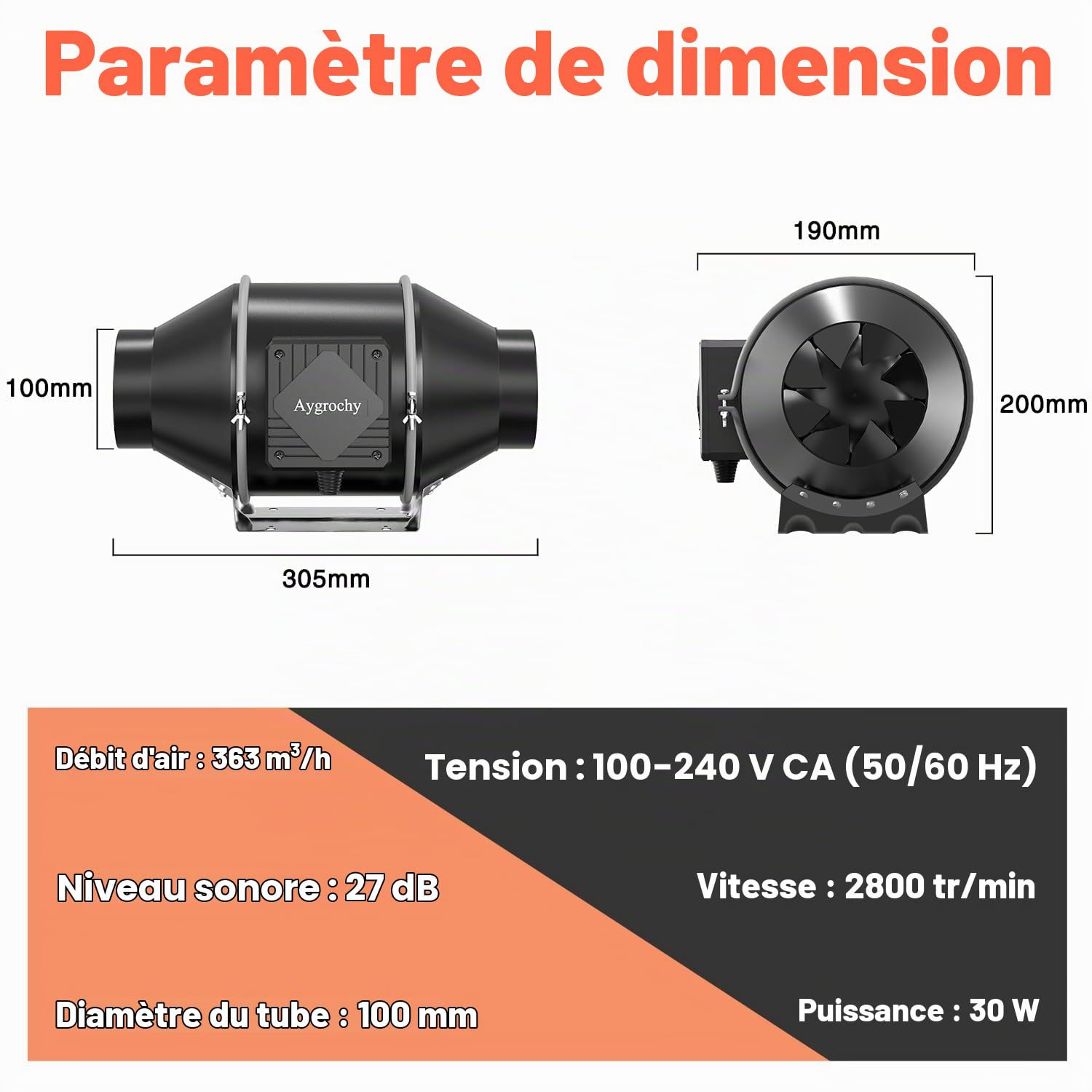 Aygrochy 100mm Extracteur d'Air 363 m³/h,Ventilateur d'extraction EC Moteur avec Tuyau flexible de VMC Salle de Bain, Cuisine,Garage,tentes de culture,ventilation.