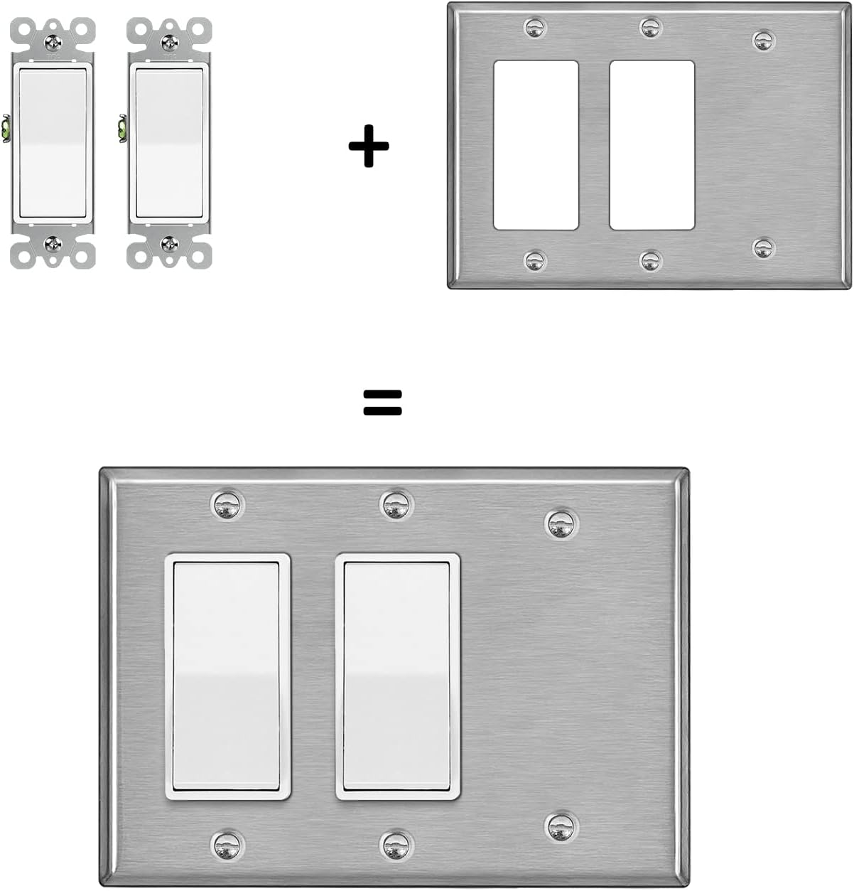 [2 Pack] BESTTEN 3-Gang Combination Metal Wall Plate with Ｗhite or Clear Plastic Film, 2-Decorator/1-Blank, Corrosion-Resistant Stainless Steel Outlet and Switch Cover, Brushed Finish