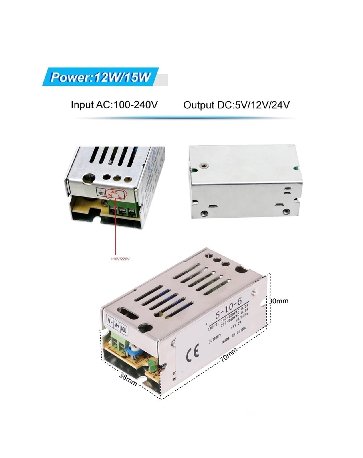 1 x Netzteil 12 V DC, Trafo 1 A, 2 A, 3 A, 5 A, Adapter 6 A, 8,5 A, 10 A, 15 A, Netzteil 20 A, 25 A, LED-Treiber 30 A, 33 A für LED-Streifen (50 W)
