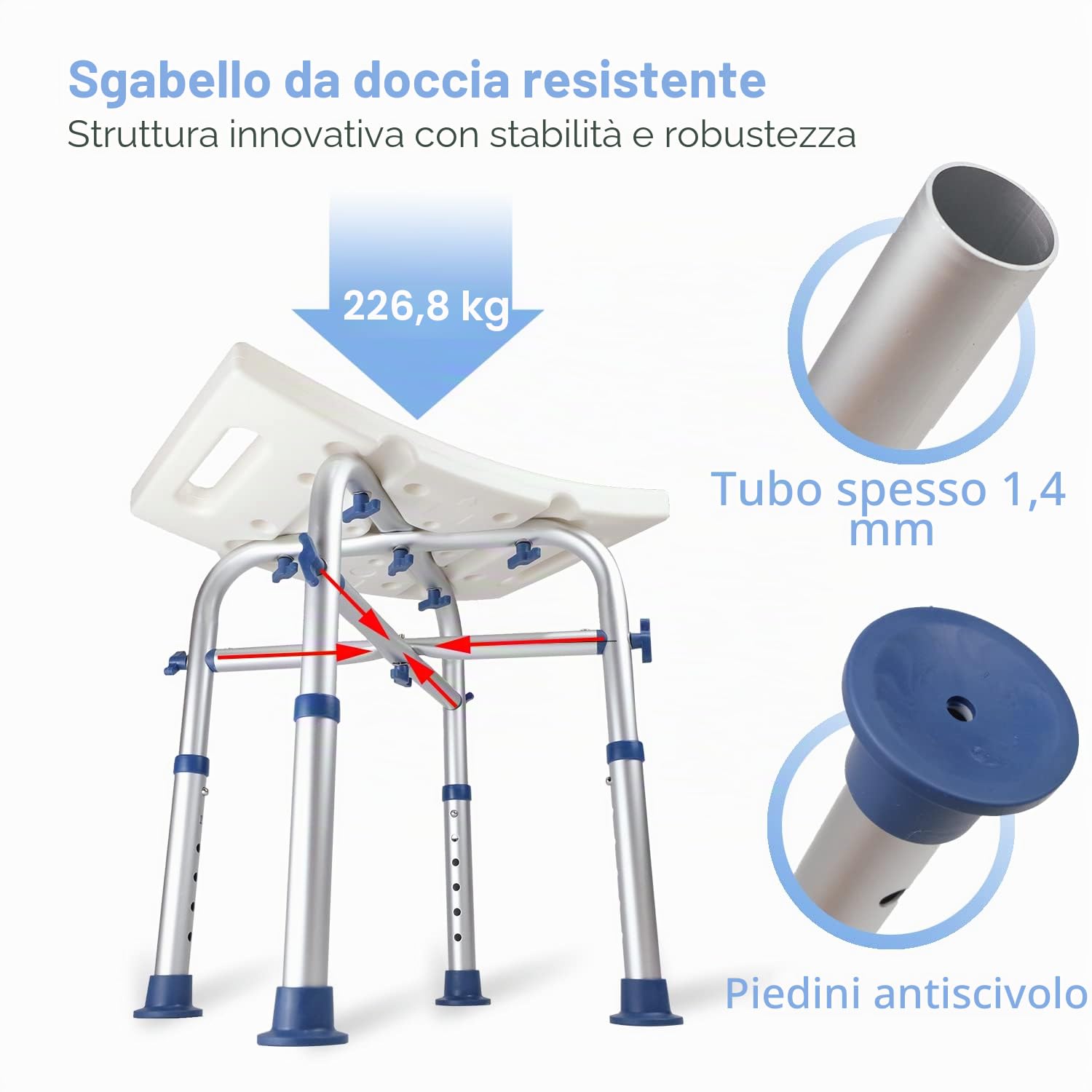 Sgabello da doccia resistente 226,8 kg montaggio senza attrezzi antiscivolo sedia da bagno regolabile in altezza vasca da bagno stretta anziani disabili