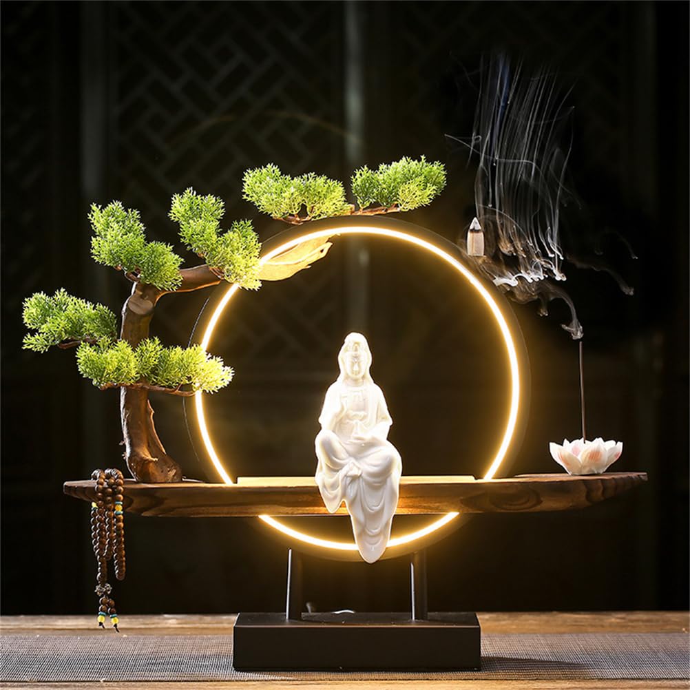 Buddha-Statue mit dekorativem Bonsai-Baum und LED-Kreislampe, Keramikfigur für Innenbereich, Heimbüro, spirituelles Kunststück für Meditation und Entspannung