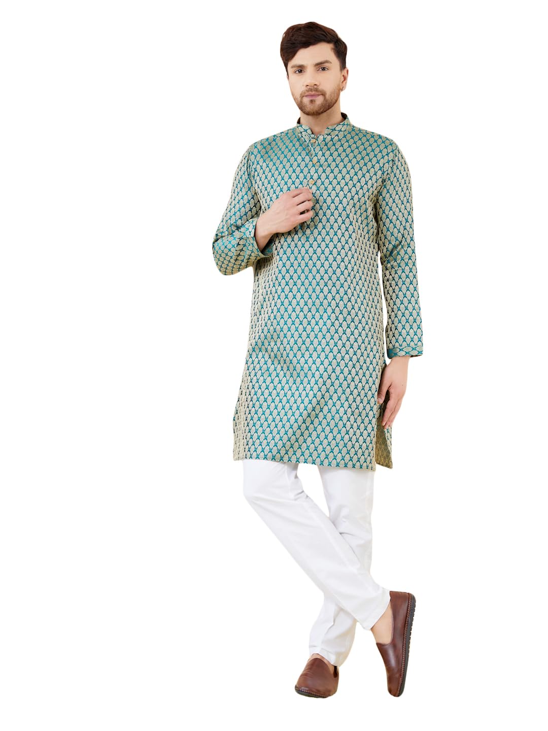 See Designs Men Long Sleeve Side Slit Mandarin Collar Blue Ethnic Motifs Silk Jacquard Woven Design Straight Kurta - Bnrskt725L