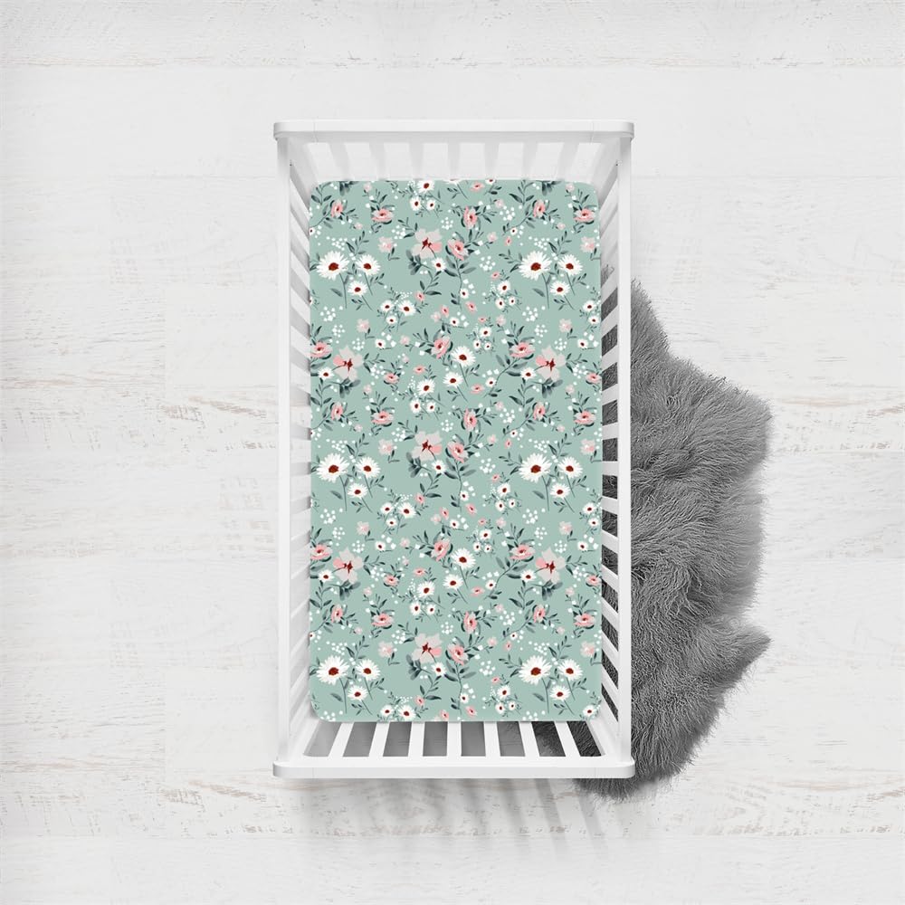 Odot Cot Bed Fitted Sheets, Toddler & Baby Bed Sheets, Elegant Floral Print Microfiber Mattress Protector, Cozy Lightweight Bedside Cribs Bassinet Sheets for Boy and Girl (Gray Green,100x135cm)