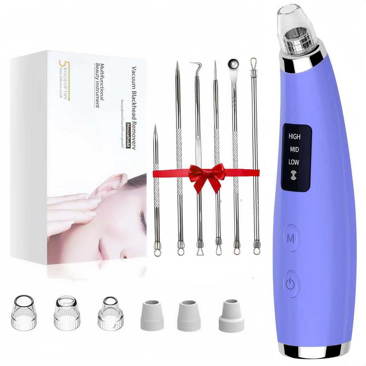 Aspirapolvere per la rimozione dei punti neri e dei pori del viso, con 3 livelli di aspirazione regolabili, 5 sonde, interfaccia di ricarica USB (viola)
