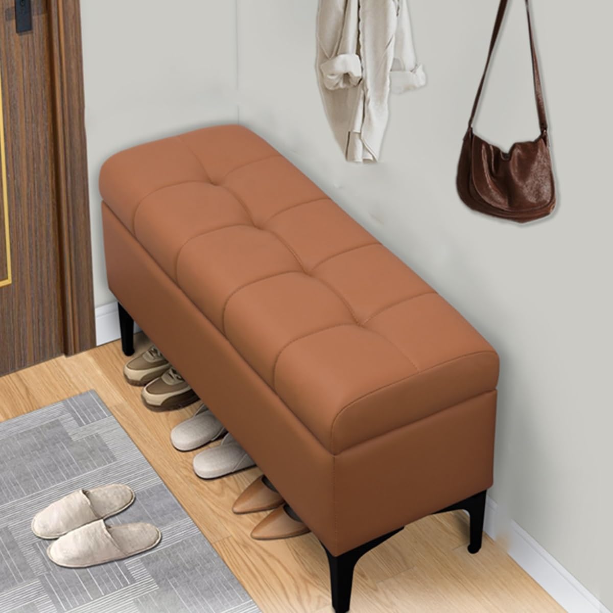 Banc de rangement rembourré cuir marron siège d'entrée 60cm