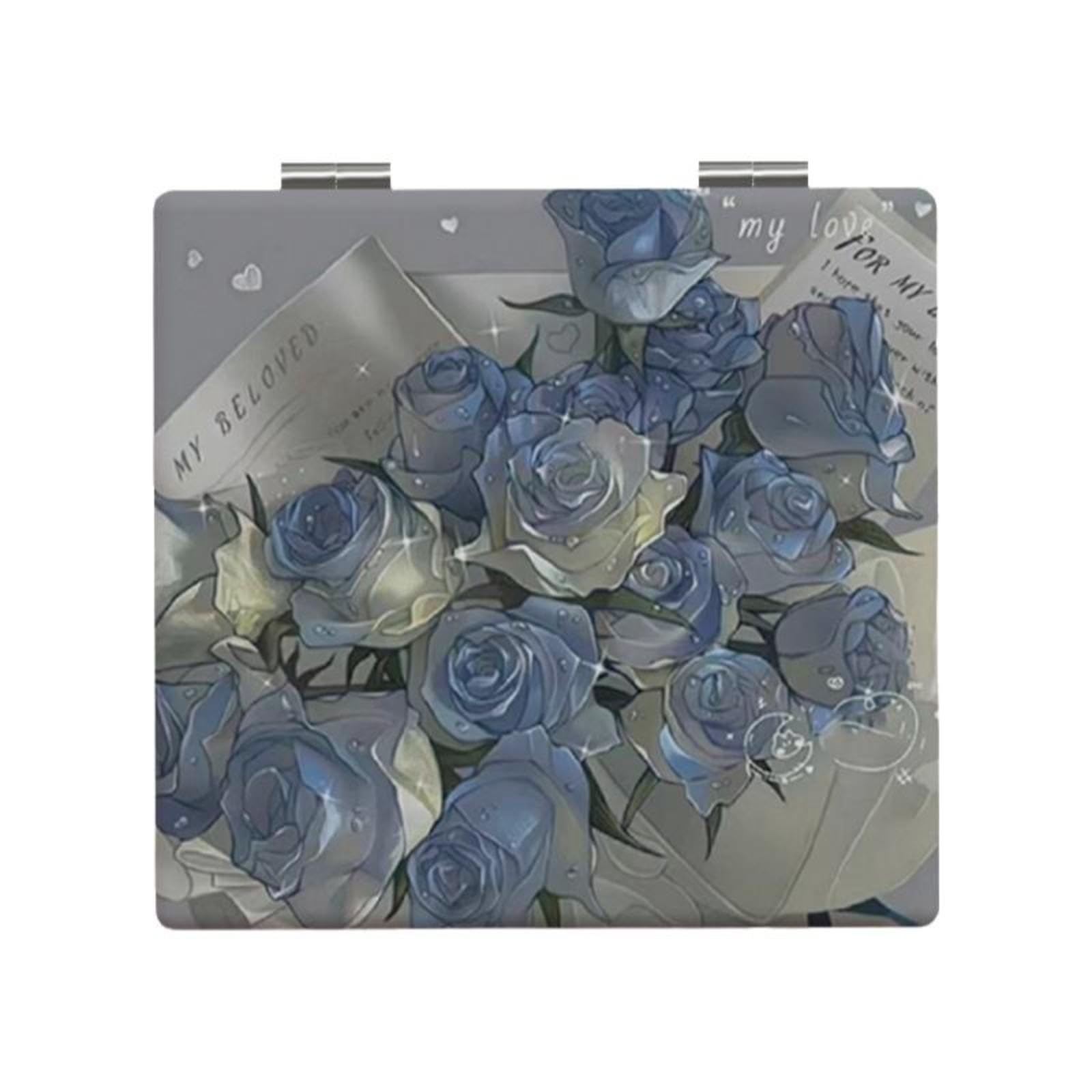 Small Makeup Mirror Double-Sided Foldable Portable PU Leather D760BlueRose-image-19