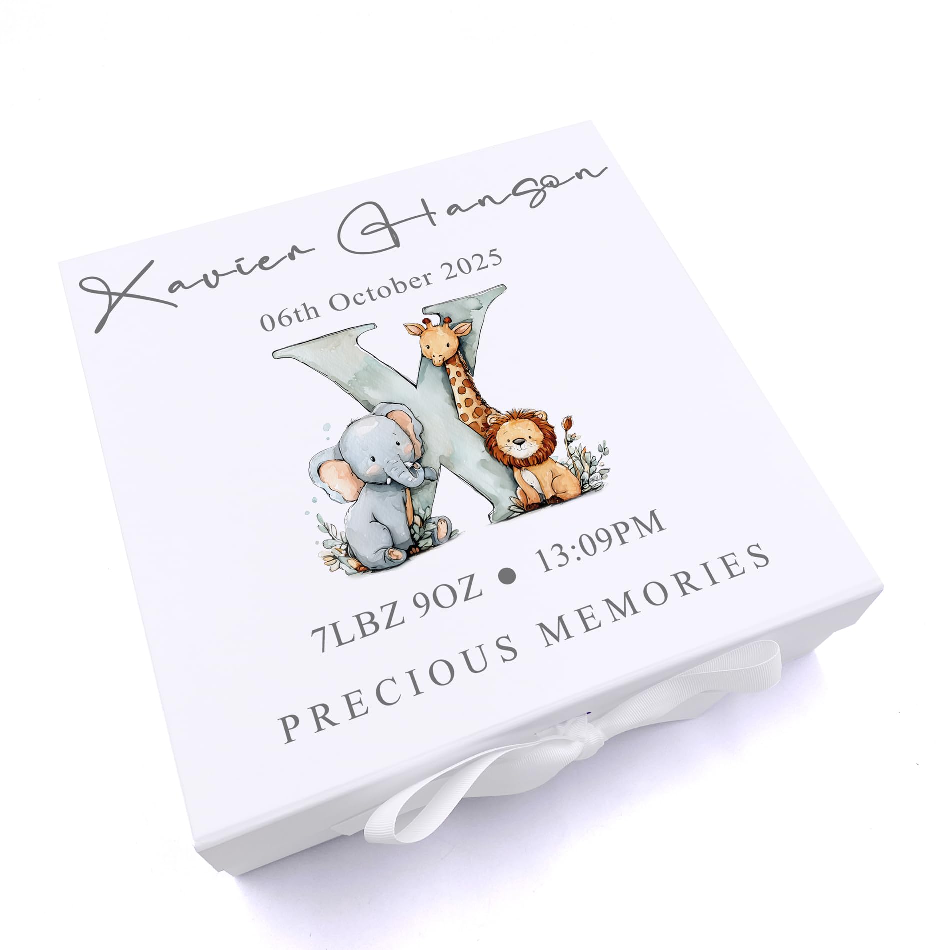 Personalised White Baby Memory Box, Animals Alphabet Design, Wood and Ribbon Options, Keepsake Storage for Photos and Mementos