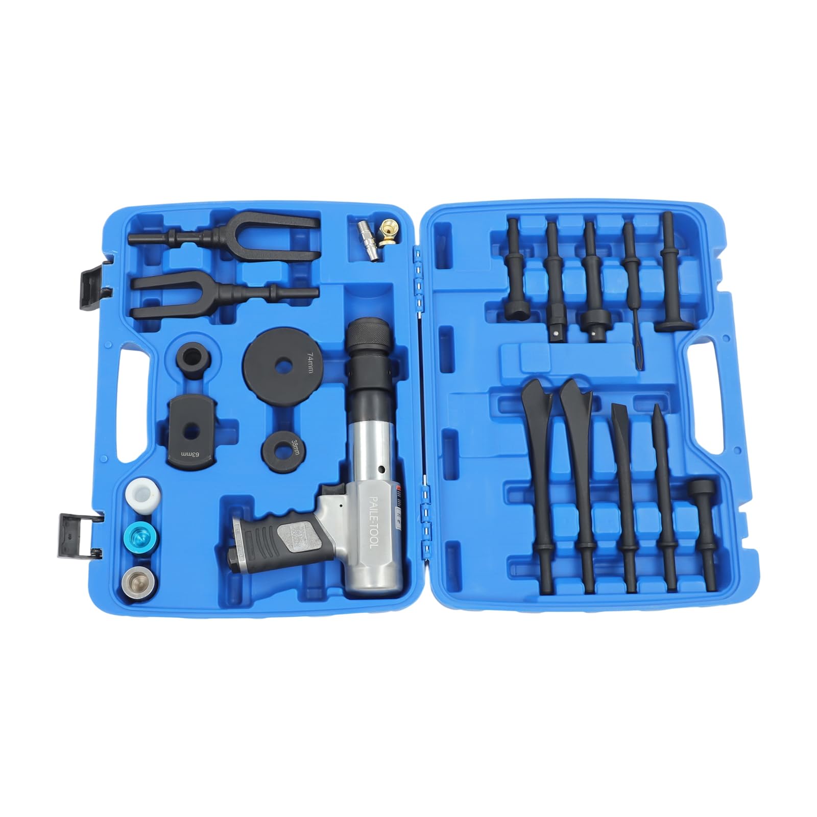 Marteau à air comprimé professionnel, kit avec 2200 coups par minute et course de 98 mm en acier au chrome-molybdène en noir et bleu, pour réparation automobile, travail de carrosserie et changement