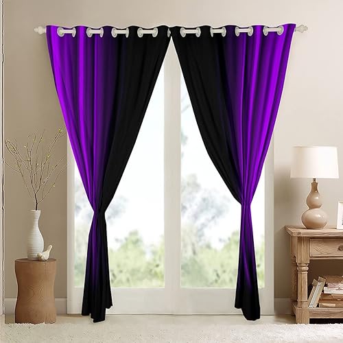 Miniatura 5 de Cortinas geométricas abstractas degradadas para ventana para dormitorio, sala de estar, niños, adolescentes, cortinas a rayas moradas y negras,
