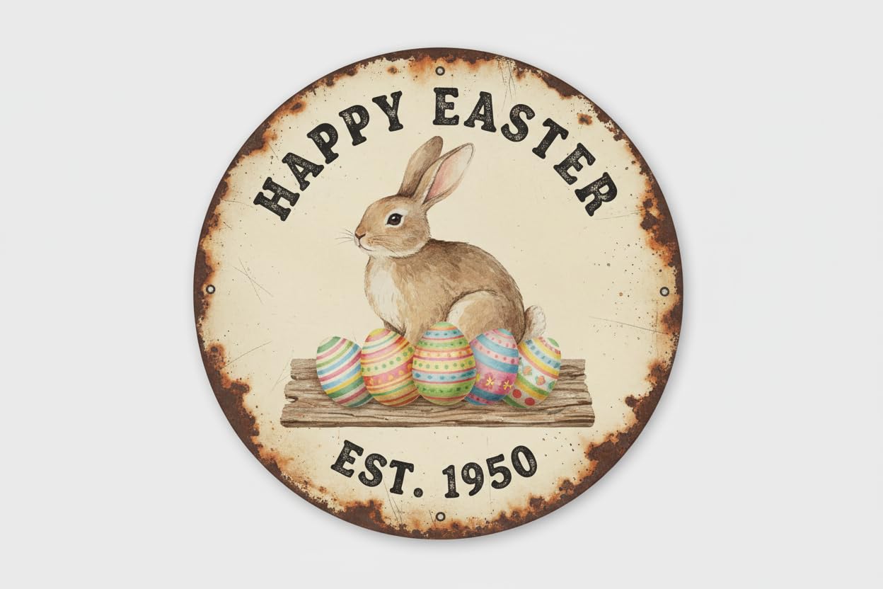 Vintage Rabbit Easter Egg Tin Sign Retro Spring Decor for Home Office Bar Cafe 12x12inch