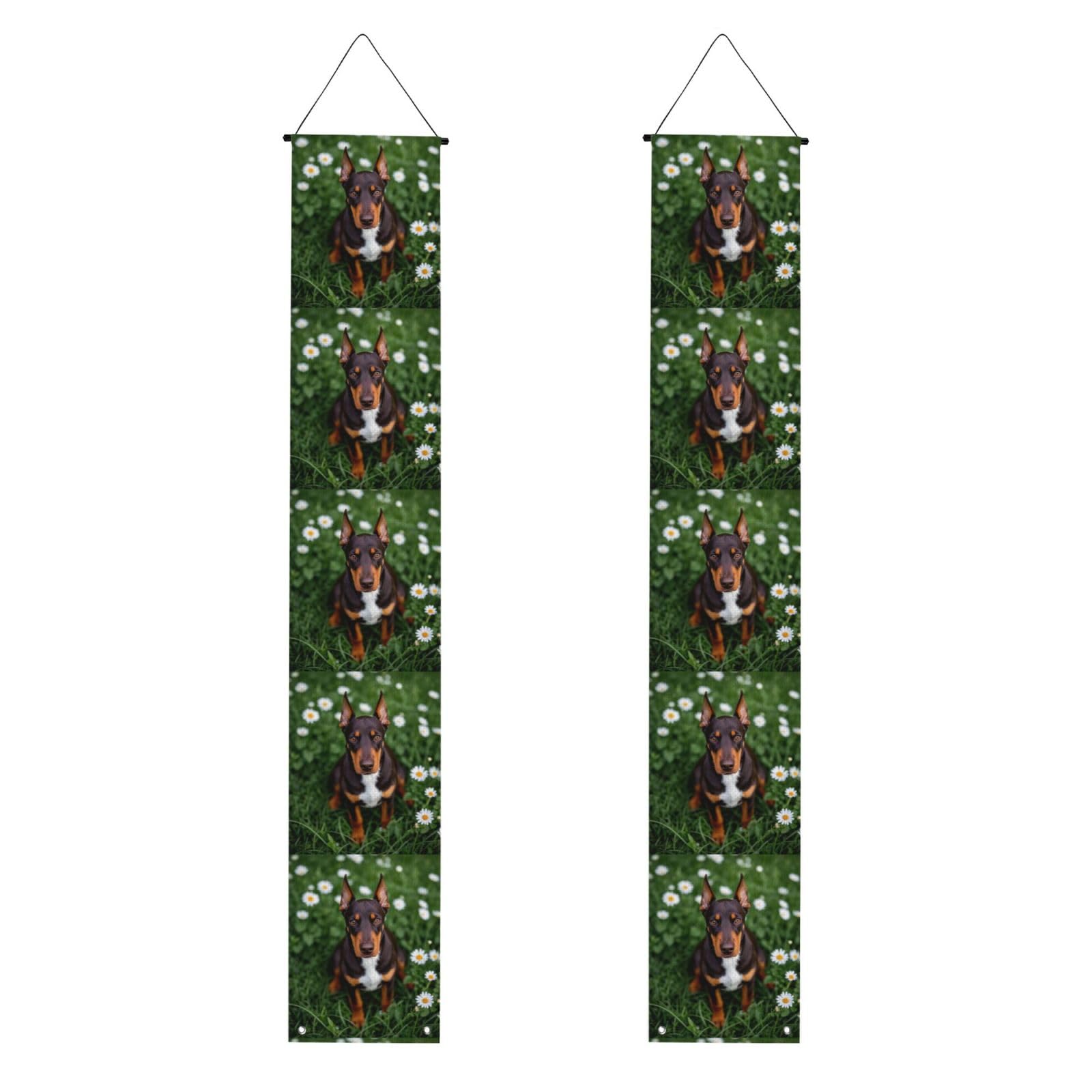 Cute Pet Doberman Pinscher Porch Banner 2PCS, Summer Hanging Flag Party Porch Sign Front Door Hanging Decorations for Indoor Outdoor Holiday Yard Decor Wall Backdrop 71 x 12 Inch