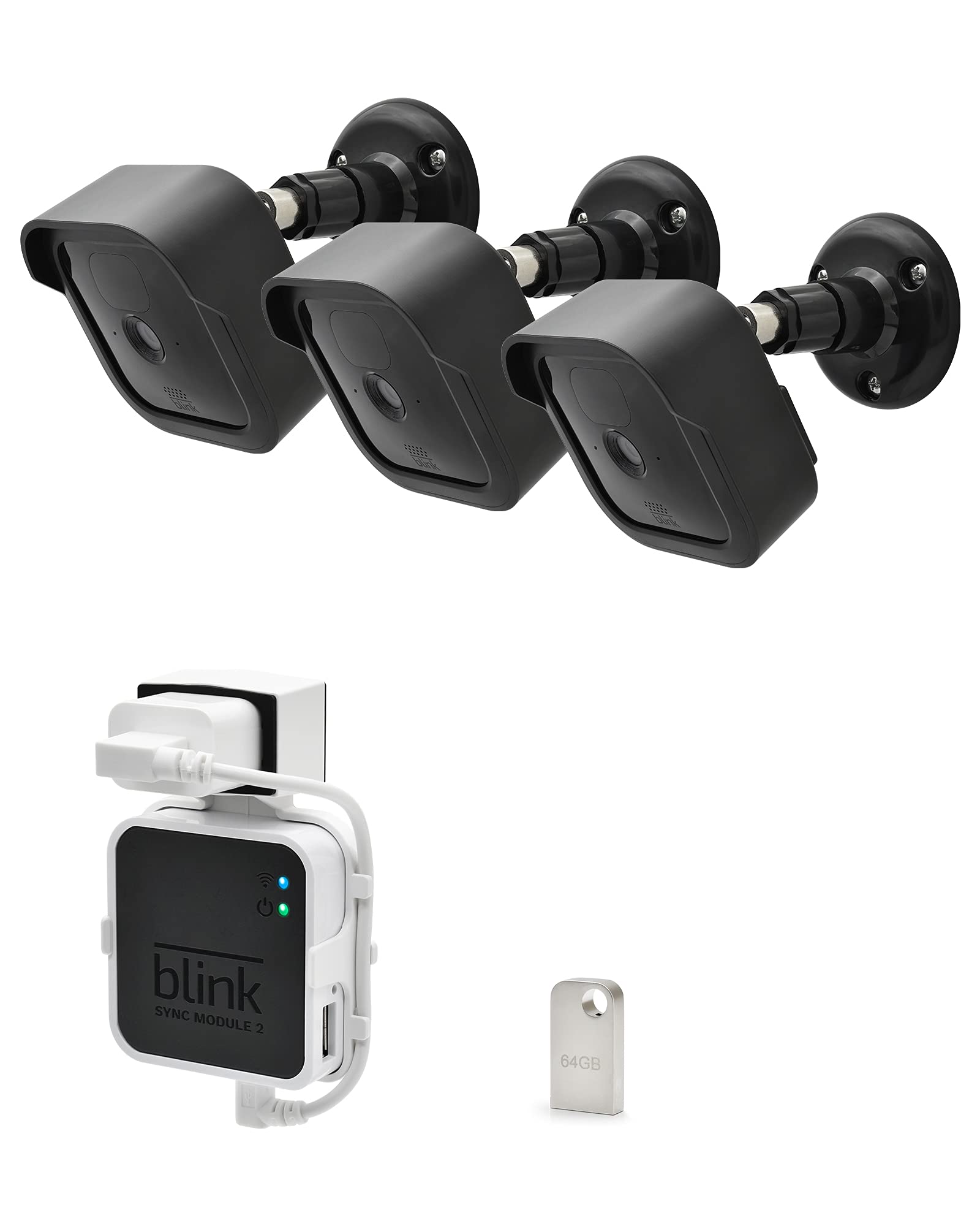 AobelieveAccessories Bundle Kit for Blink Outdoor Camera System, 3-Pack Black Wall Mounting Bracket with Cover for Blink Camera + White Outlet Mount and 64GB USB Flash Drive for Blink Sync Module 2