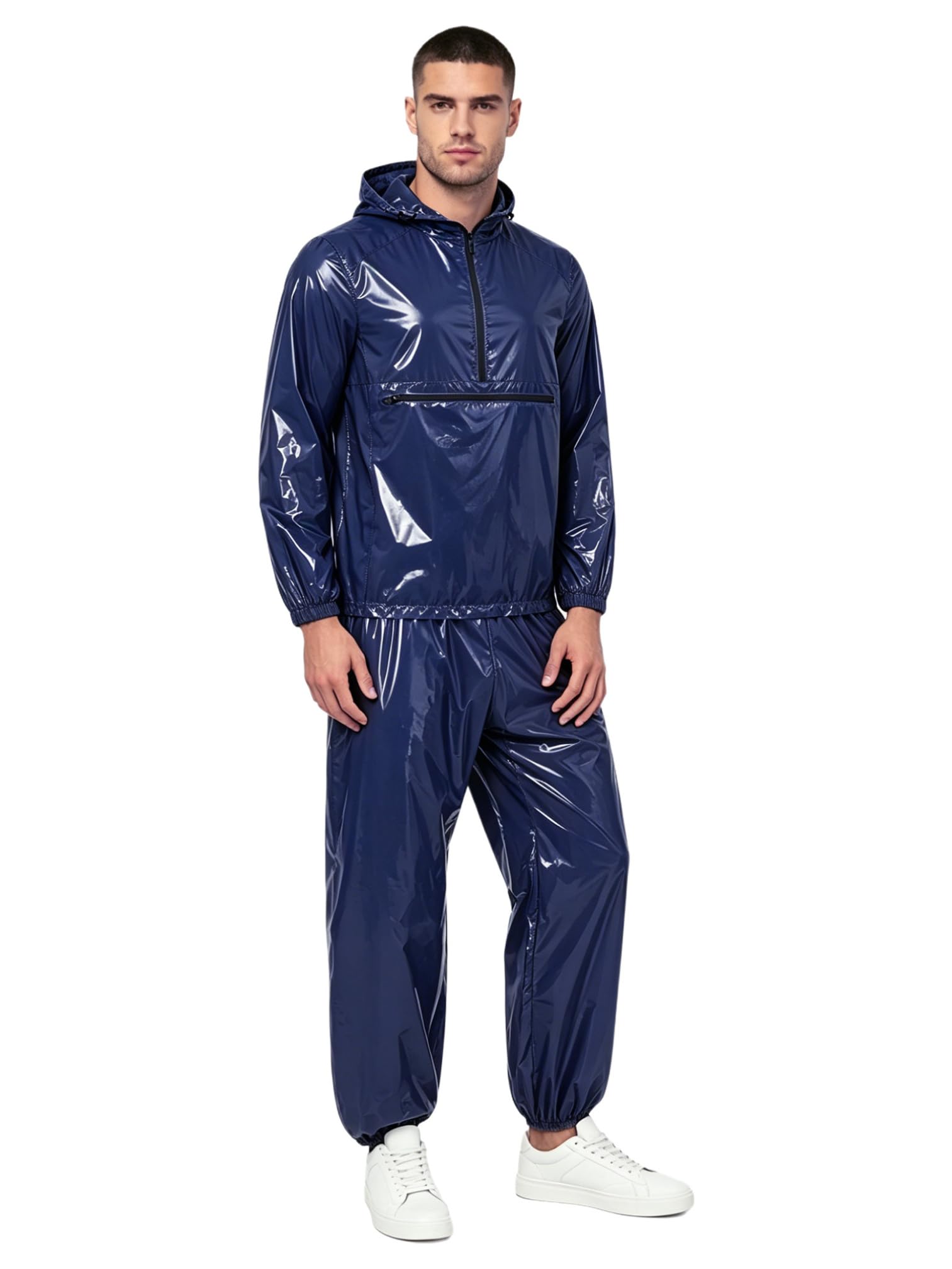 Agoky Herren Metallic Trainingsanzug Lack Leder Sportanzug Jogginganzug Langarm Sweatshirt mit Kapuze Reißverschluss + Sport Hose Jogger Pants Clubwear