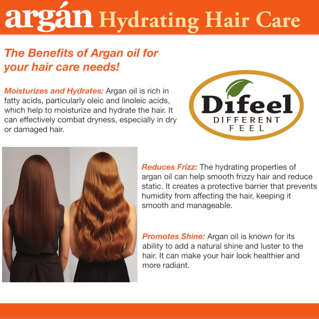 Difeel Shampoo idratante di argan, 350 ml, shampoo all'olio di argan, shampoo per capelli naturale senza solfati