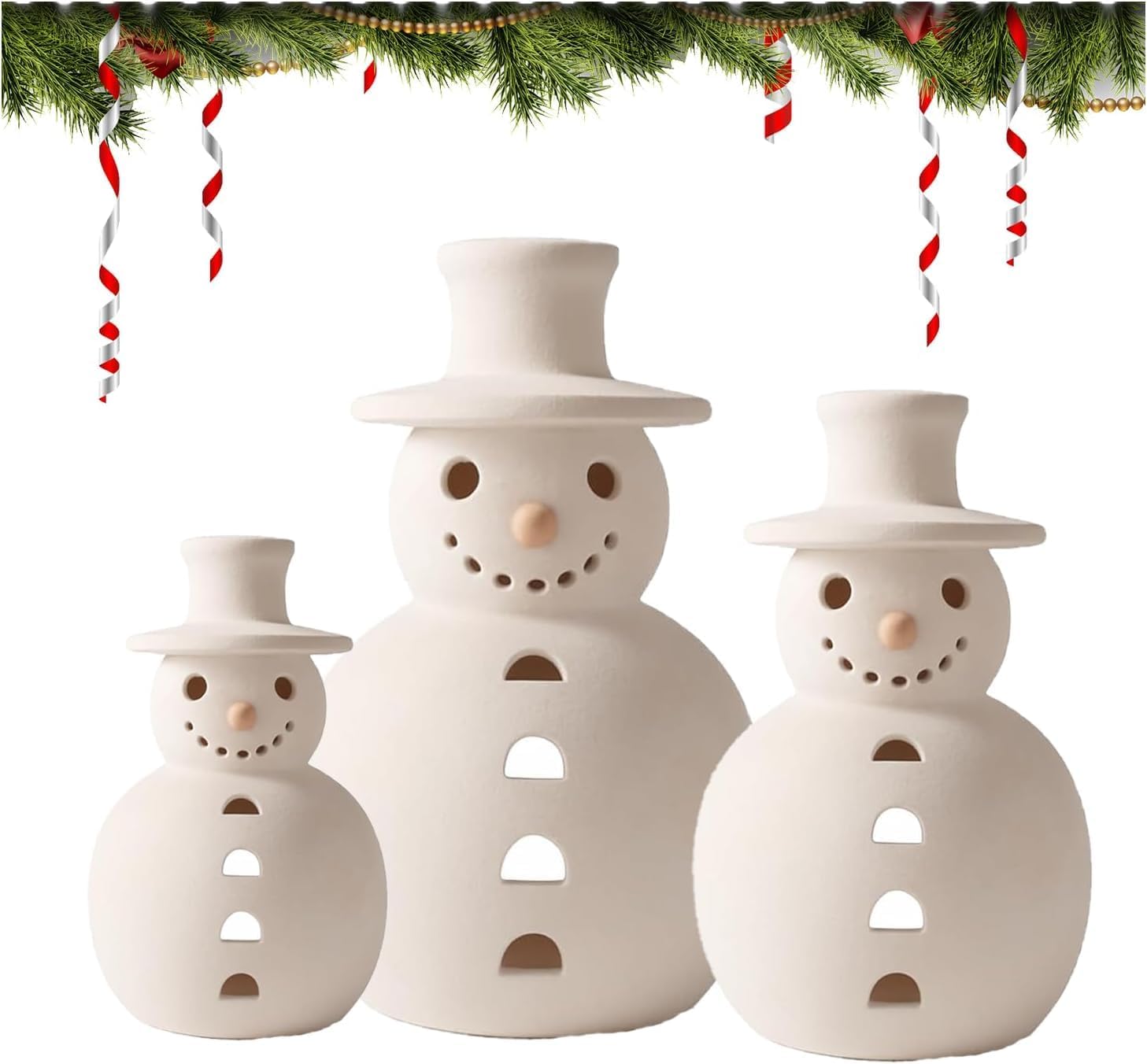 Handmade Terracotta Snowman, Rustic Christmas Decoration, White Clay Winter Figurine, Unique Holiday Ornament for Home Mantel, Table, or Entryway Display (M)