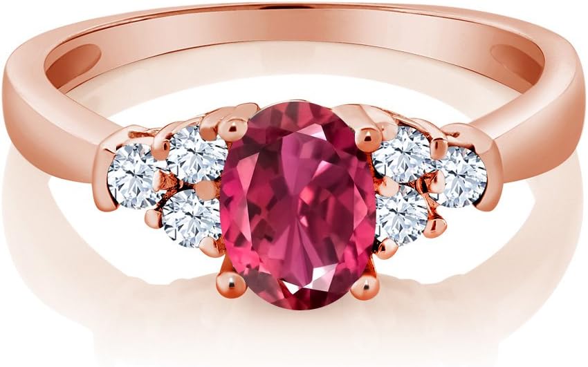 Gem Stone King 0.74 Cttw Oval Pink Tourmaline and White Topaz 18K Rose Gold Plated Silver Ring for Women | Gemstone Birthstone | Oval 6X4MM (Size 5)