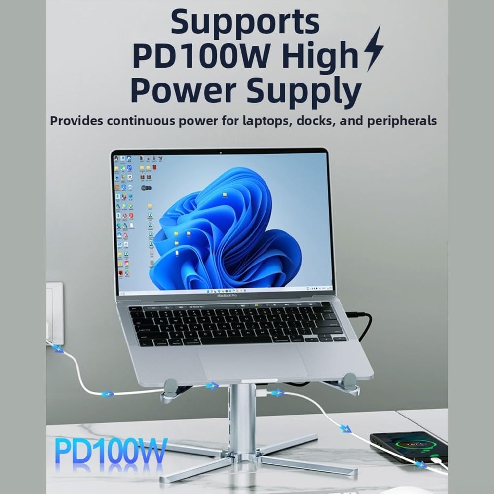 Docking station con hub USB C a 10 porte con supporto per computer portatile, base girevole a 360°, supporto per doppio monitor, porta Ethernet, trasferimento dati ad alta velocità, per ufficio e casa