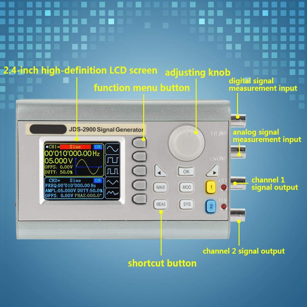 Akozon Compteur de générateur de signaux DDS JDS2900 Compteur de fréquence de générateur de fonction de forme d'onde arbitraire double canal haute précision 266MSa/s(15MHz EU Plug)