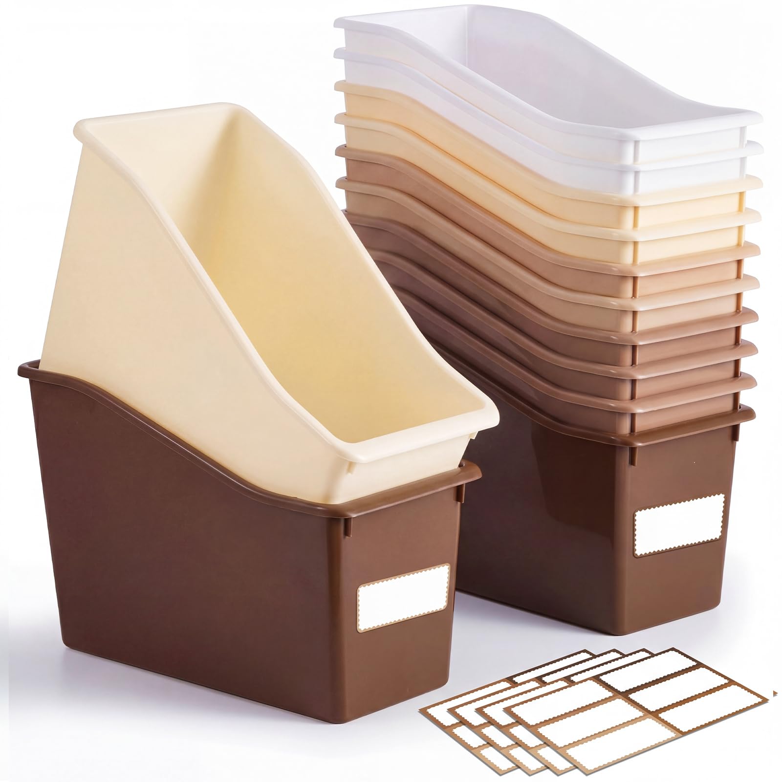 Geetery Plastic Book Bins for Classroom, 12 Pcs, Brown Color Series