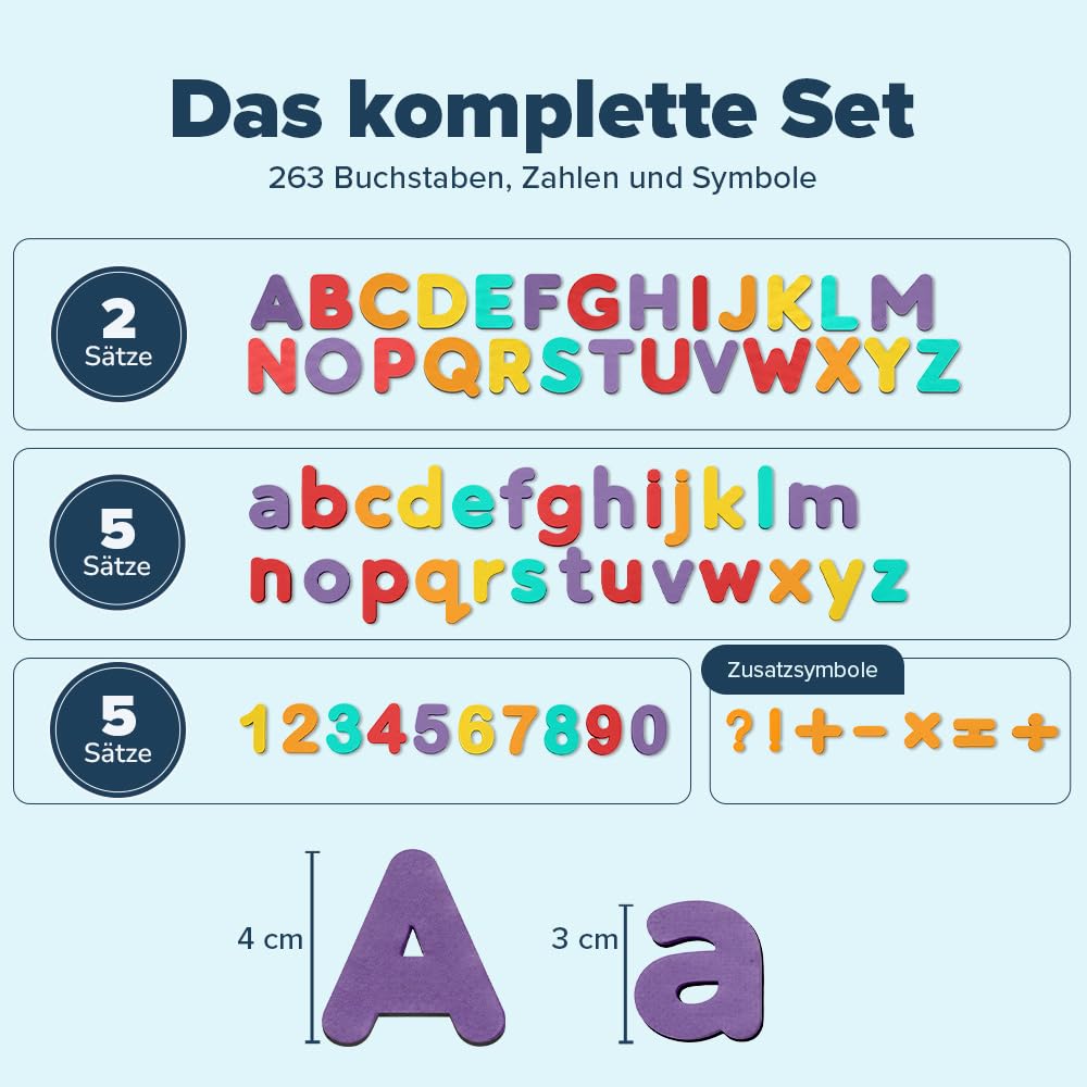 Magnetische Buchstaben und Zahlen für Kinder – Das komplette Set: 182 Buchstaben und 81 Zahlen sowie Symbole – Kühlschrankmagneten – Beinhaltet 2 Boxen, Magnettafel, Stifte und Löschschwamm