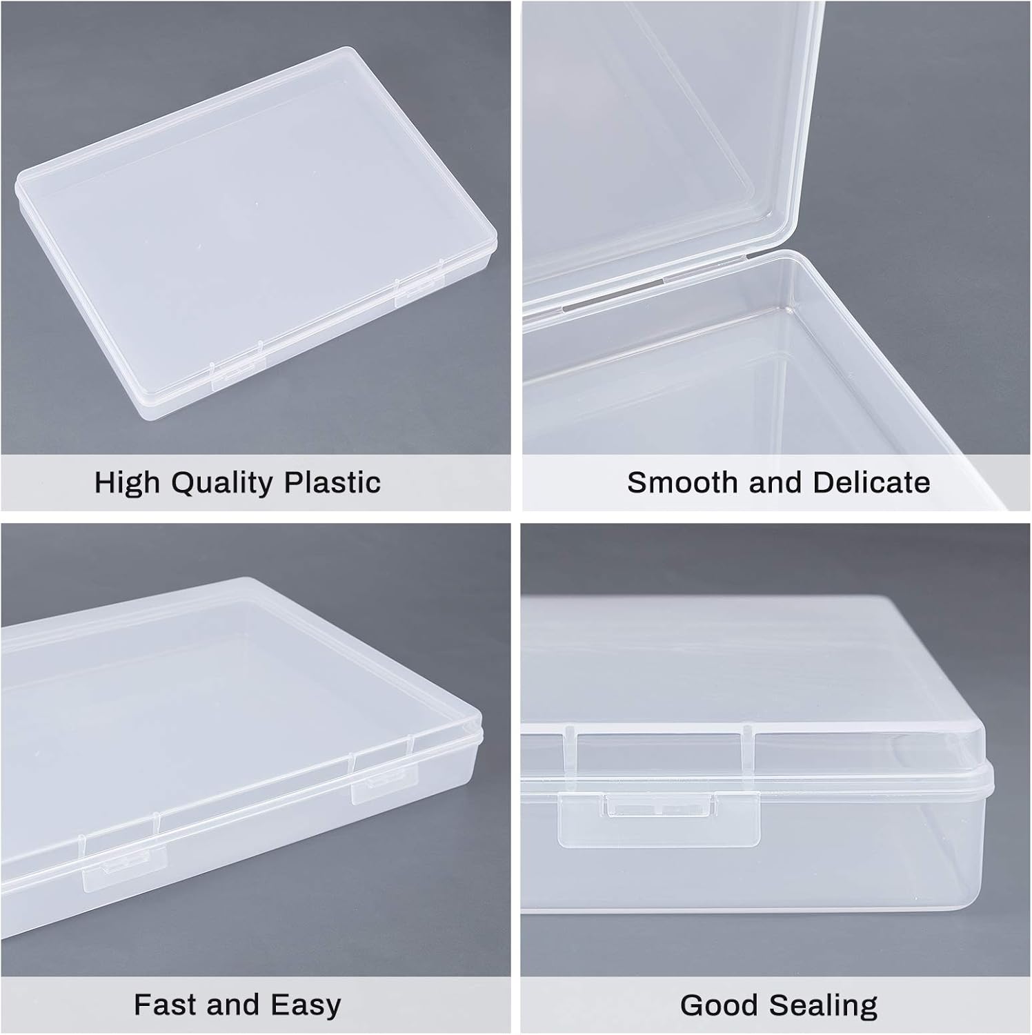 BENECREAT 4 Pack 8.8x6.5x1.2 Large Rectangle Clear Plastic Storage Containers Large Box Case with Double Buckles for Cards, Pens, Beads and Jewelry Findings