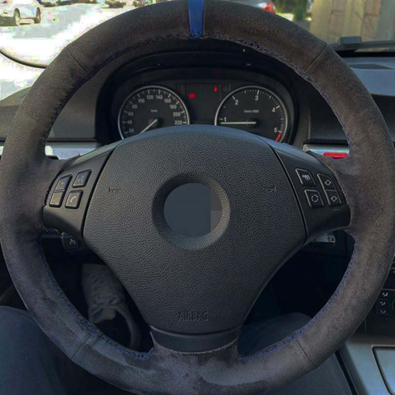 Pokrowiec na kierownicę z prawdziwej skóry zamszowej pleciony, dostosowany do BMW E90 320 318i 320i 325i 330i 320d X1 328xi 2007 Kolor: niebieska nić