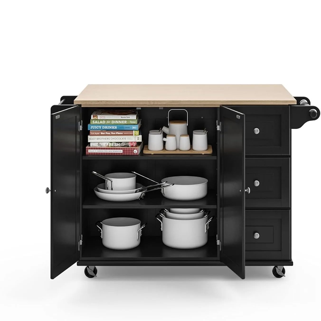 Carro rodante Carrito de Cocina con Tapa Madera y Barra abatible, Isla móvil rodante Almacenamiento toallero, Negro