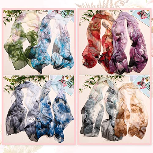 Xtinmee 8 Pcs Lightweight Summer Scarfs for Women Ultra Thin Scarves Floral Pattern Dressy Scarf Lotus Print Long Chiffon Georgette Thin Shawl Scarves Women Holiday Gifts Present Head Neck Hair Wrap4