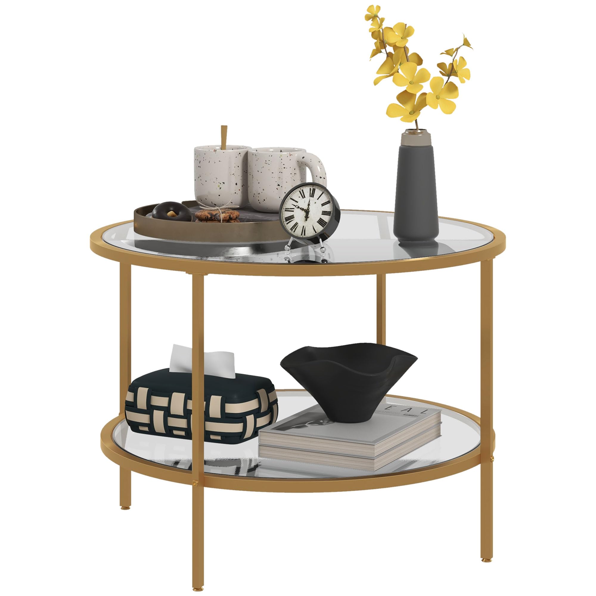 HOMCOM Beistelltisch Rund Couchtisch mit Ablage Ø60 x 43 cm Gold