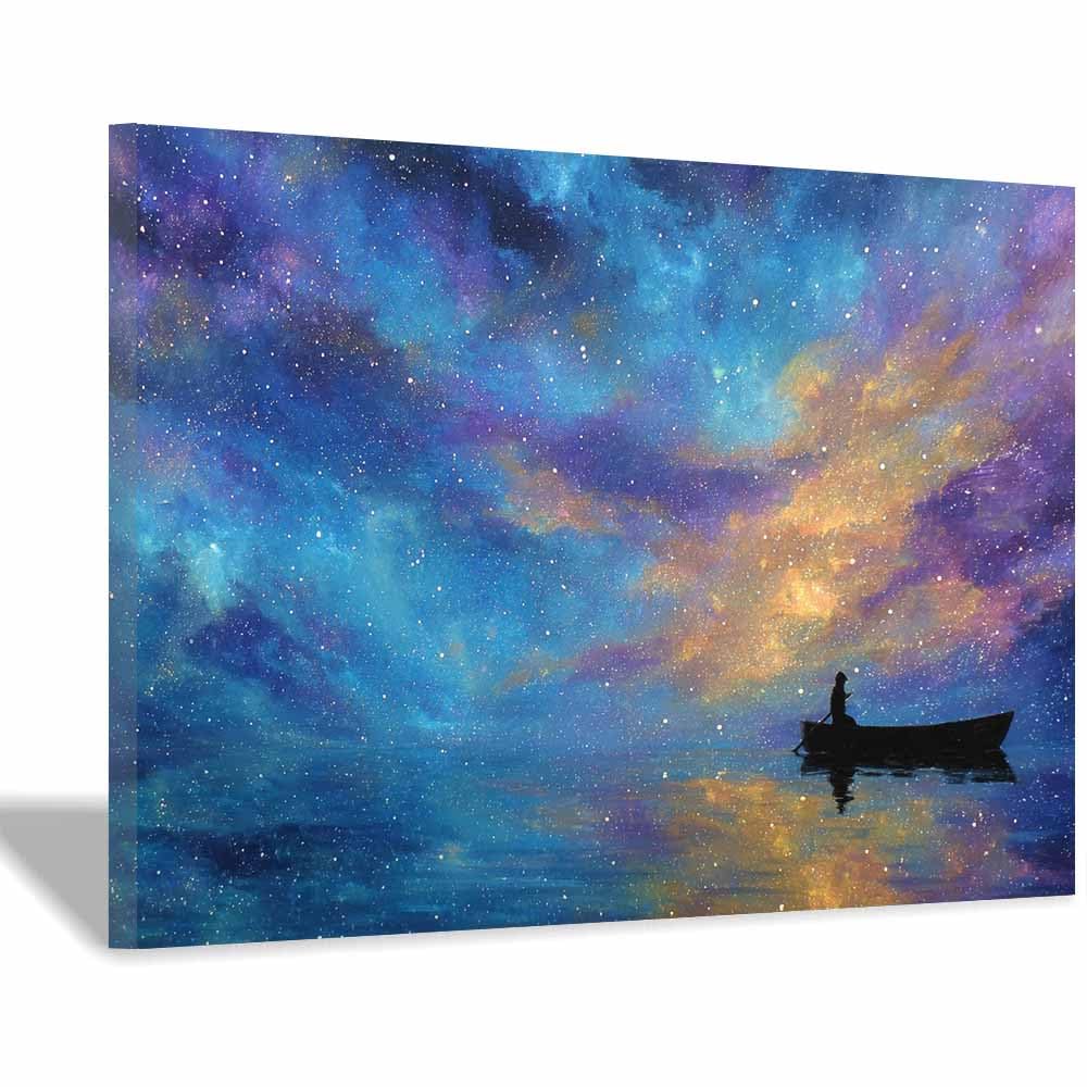 HOQIU Canvas Wall Art Starry Night Boats canvas art, art print, house decor, bedroom wall decor above bed, prints for living room.(Multicolor)-60x80cm Framed