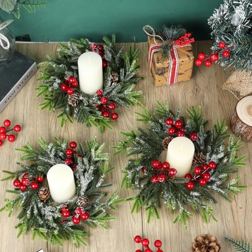 Image of 6 Pcs Christmas Candle Rings Wreath Mini Christmas Table Centerpieces Red Berry Pinecones Wreaths for Front Door Kitchen Cabinet Holiday Party Farmhouse Porch Wall Outdoor Indoor Home Decoration