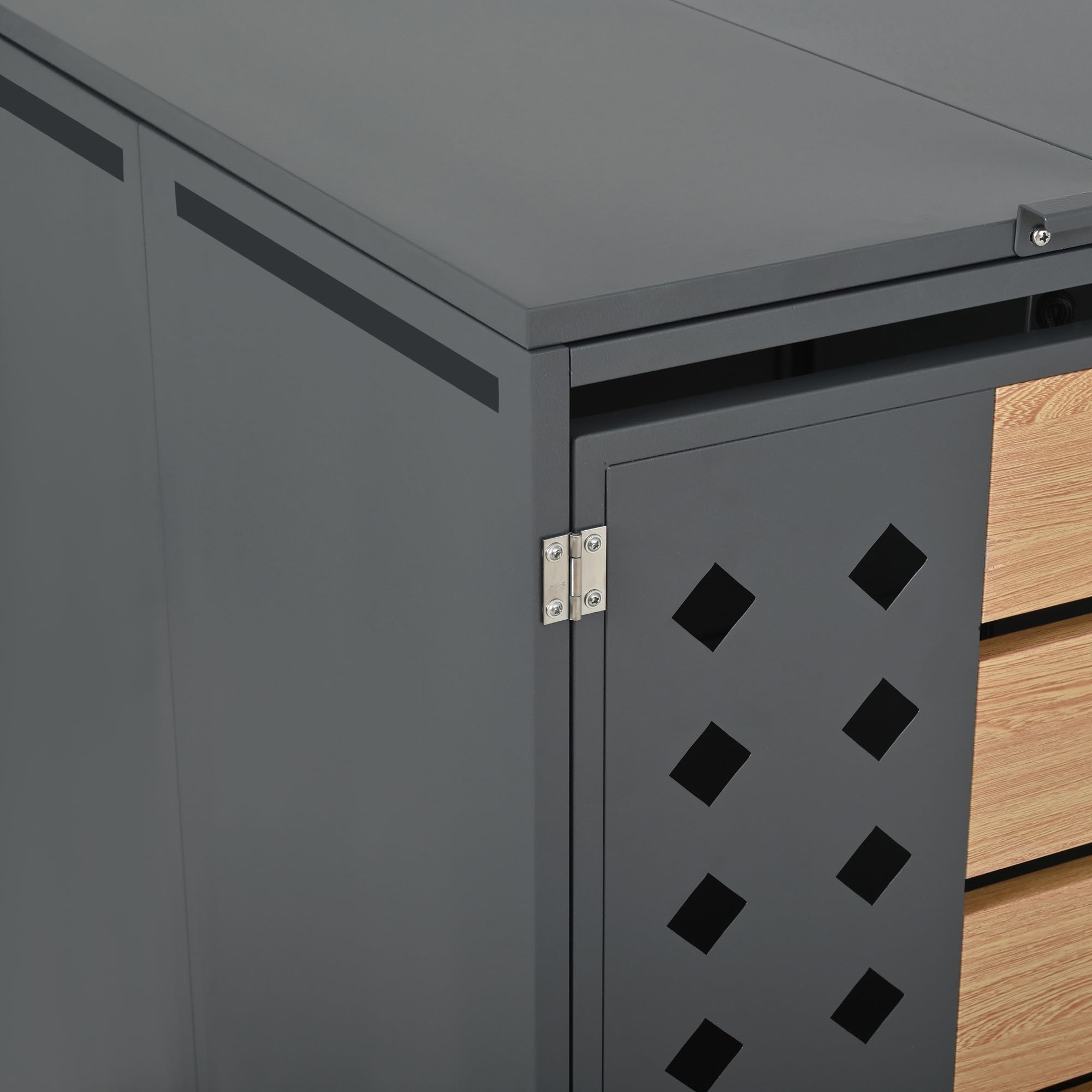 Box per bidoni della spazzatura, 2 pezzi, con effetto legno, strisce trasparenti e coperchio ribaltabile, fino a 240 l, richiudibile, in acciaio zincato, foro diamantato, scatola della spazzatura da