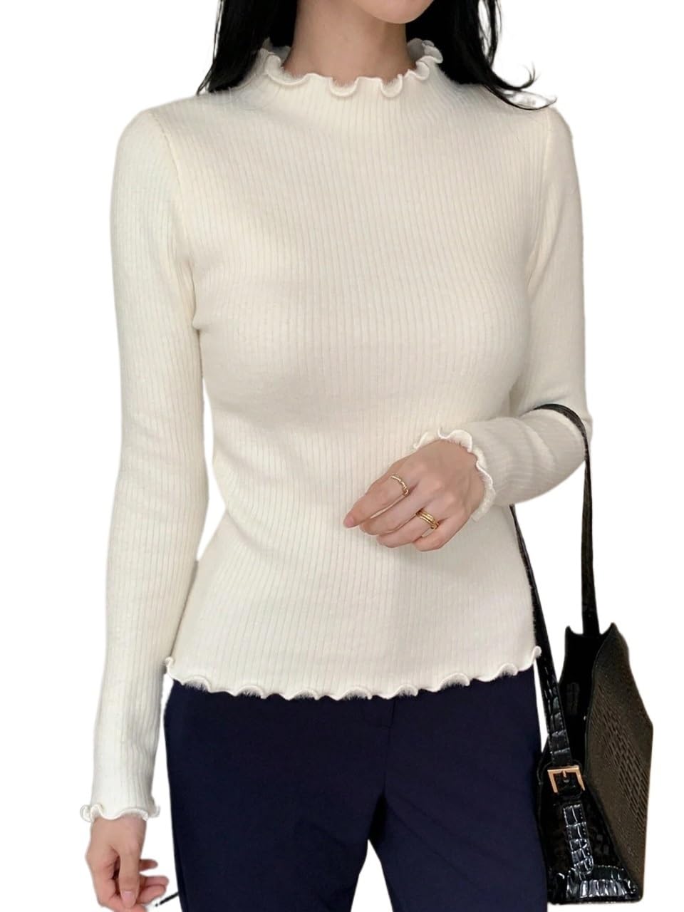 Womens Fall Long Sleeve Sweater Top High Neck Ruffle Trim Solid Color Sweaters Winter Teacher Outfits