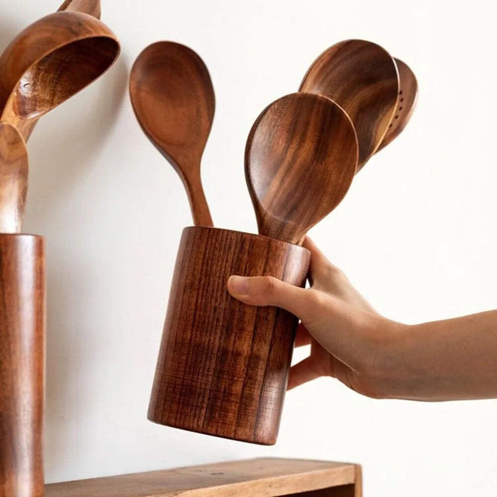 Thailand - Juego de 8 cucharas de madera natural de teca, cucharón volteador, colador de arroz, sopa, espumador, cucharas de cocina, cuchara de cocina