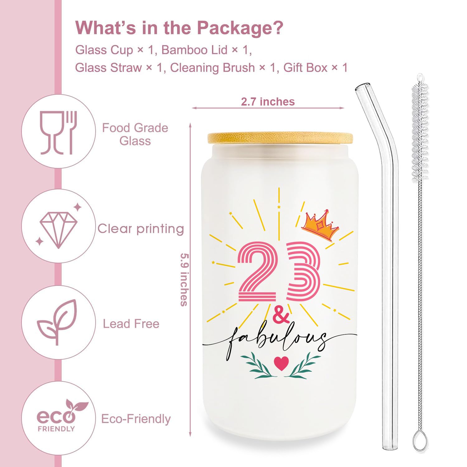23th Birthday Gifts for Her, 23 Year Old Woman Gifts, 23th Birthday Gifts for Woman, 2002 Birthday Present, Happy 23th Birthday Glass Cups with Lid and Straw, 23th Birthday Party Decorations